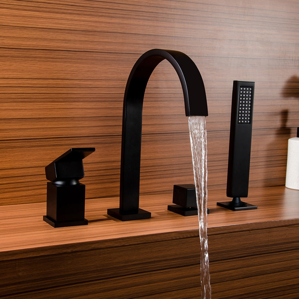 Modern 4-Hole Roman Tub Faucet with Double Handles & Hand Shower, Solid Brass