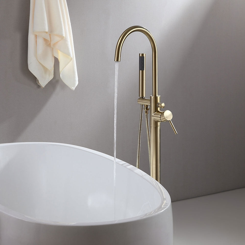 Freestanding Single-Handle Tub Filler Faucet with Hand Shower, Brass Brushed Gold