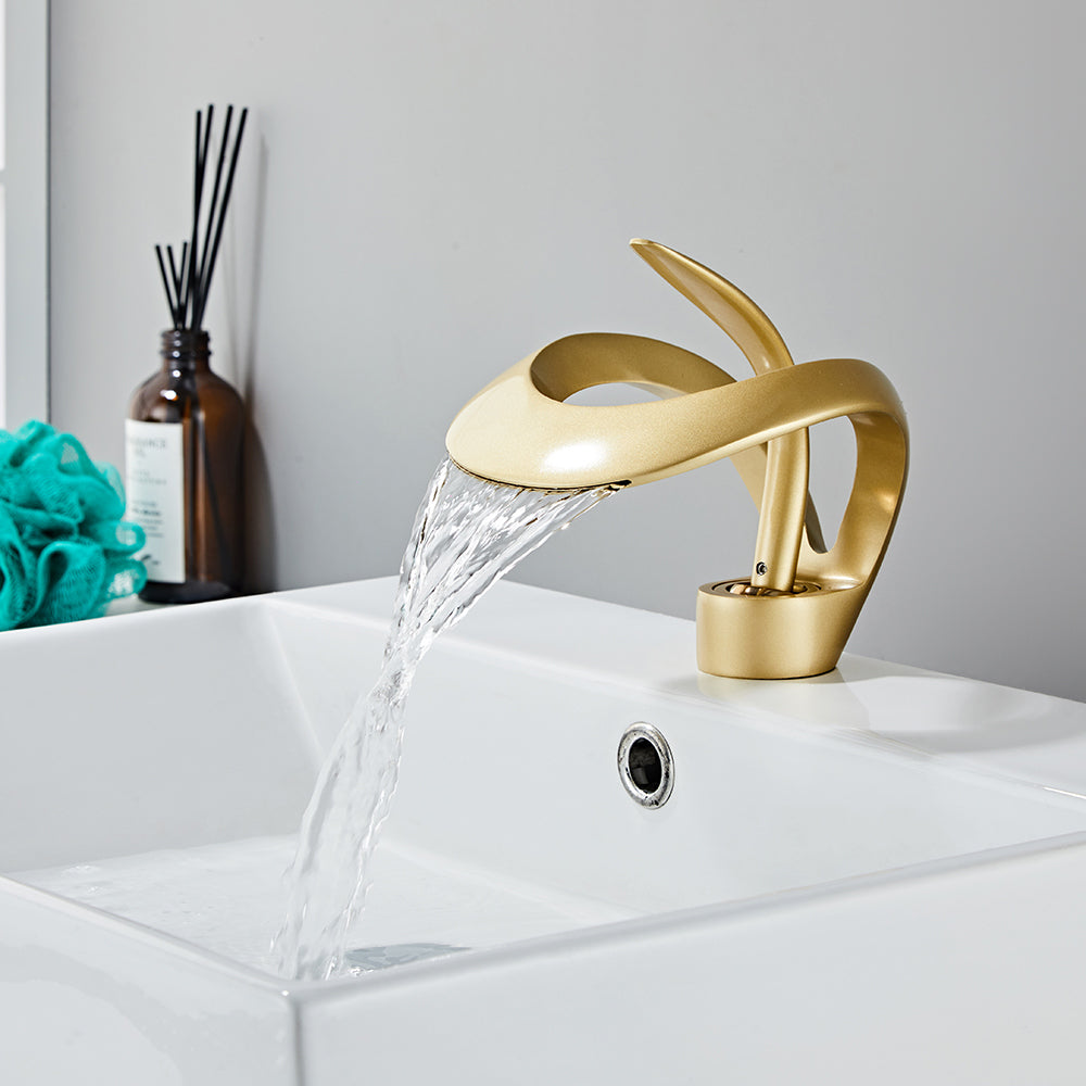 Gold Waterfall Sink Tap for Bathroom, Single Lever, Brass Body