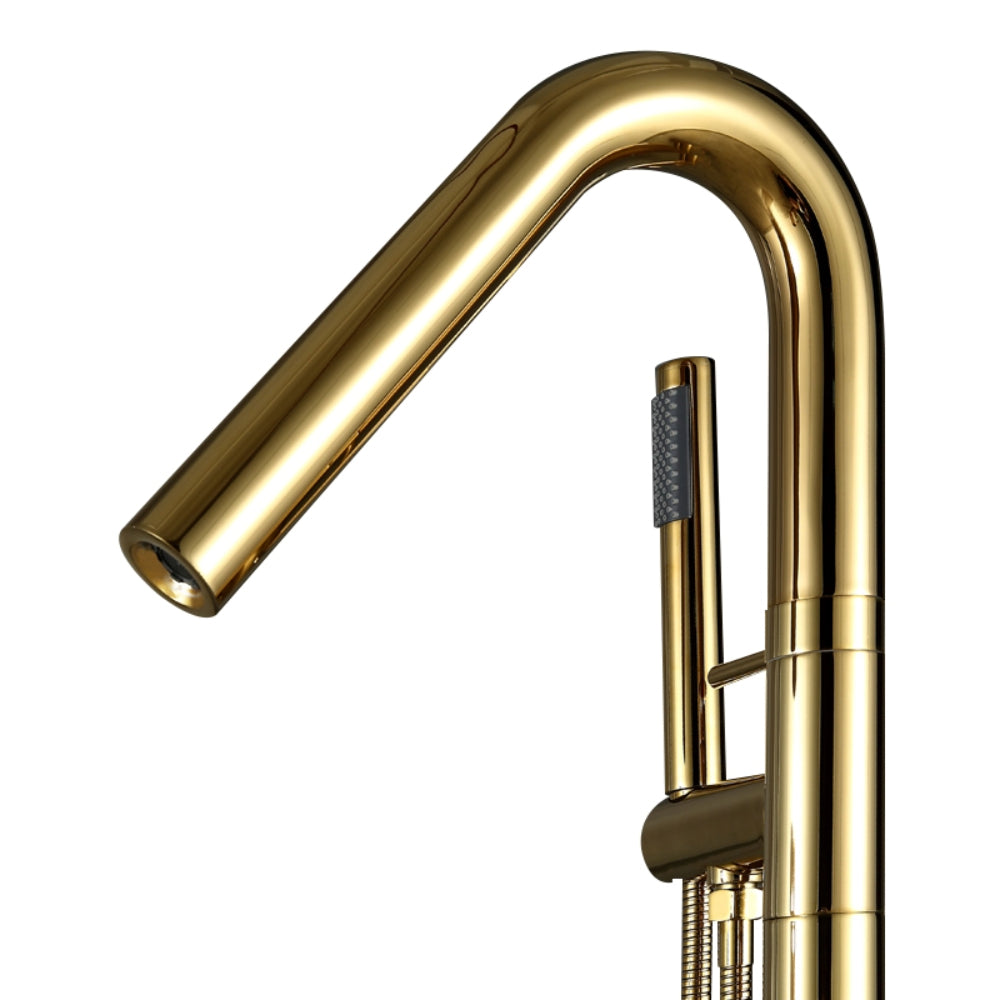 Modern Freestanding Floor-Mounted Tub Faucet with Handheld Shower, Gold Tub Filler