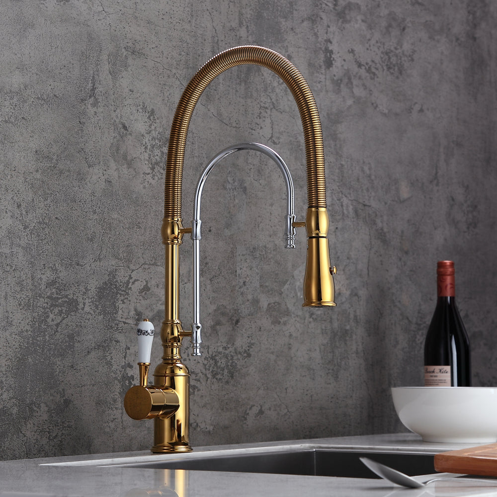 Solid Brass Kitchen Faucet with High Arc, Dual-Mode Pull-Down and Porcelain Handle