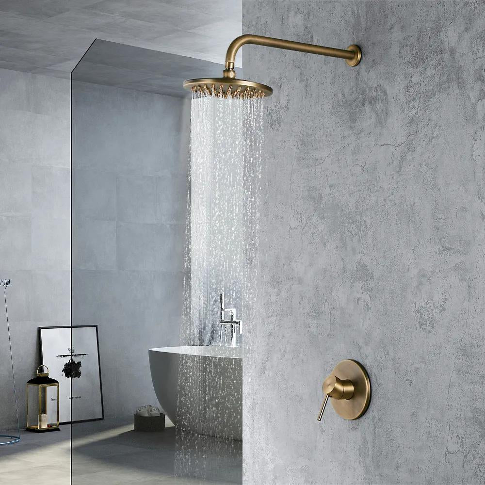Round Rain Showerhead, Wall-Mount Shower System in Antique Brass, Solid Brass