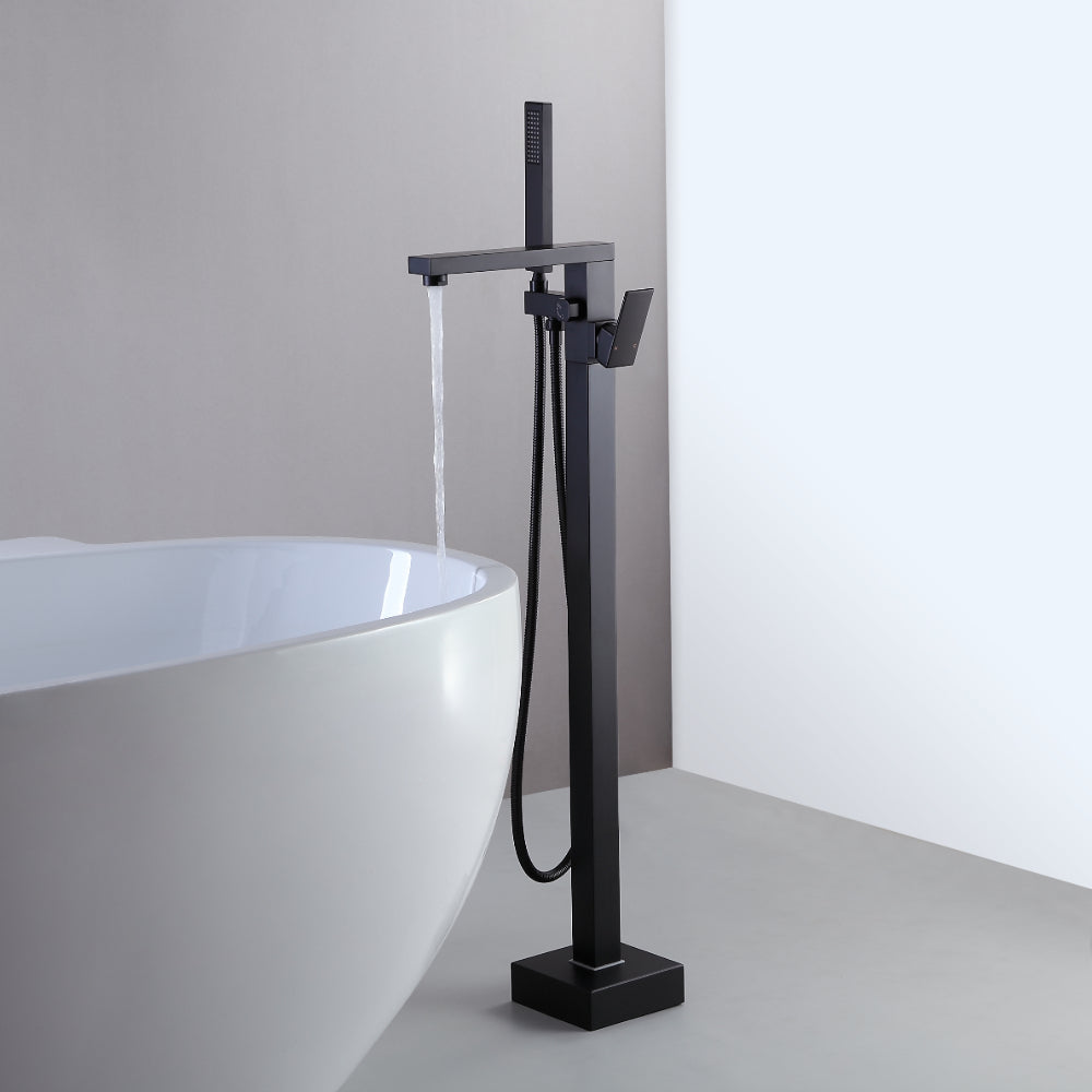 Modern Matte Black 1-Handle Freestanding Bathtub Faucet with Hand Shower, Solid Brass