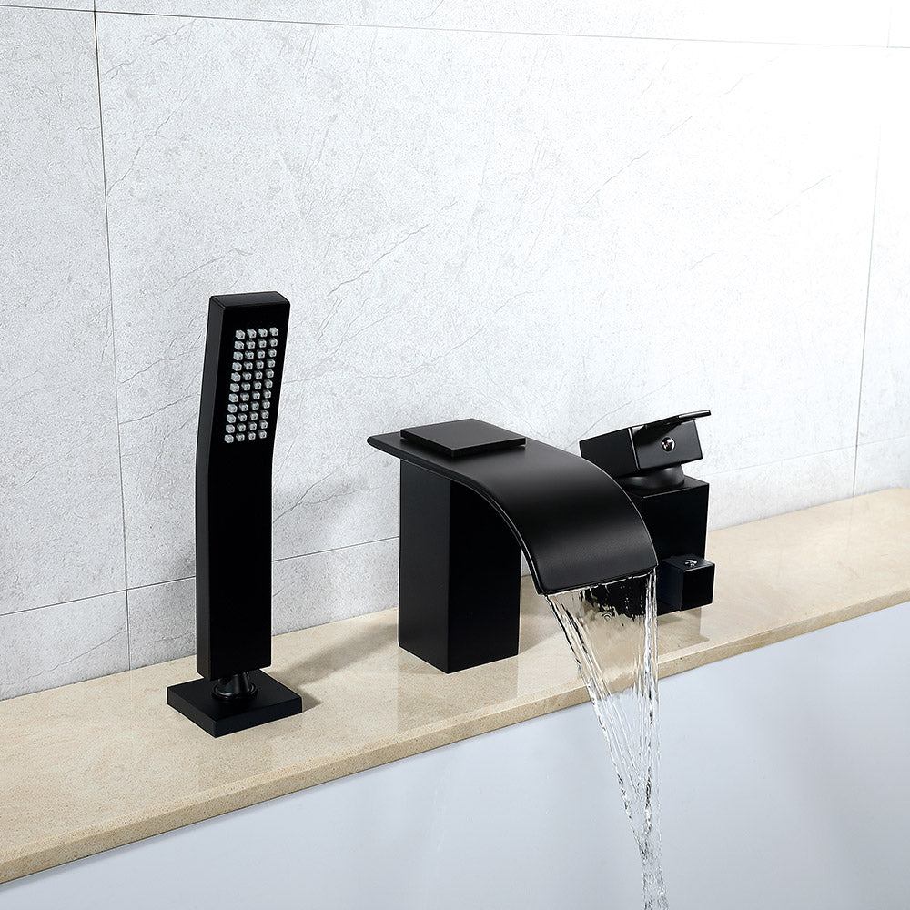 Modern Deck-Mounted Black Waterfall Roman Tub Faucet with Hand Shower