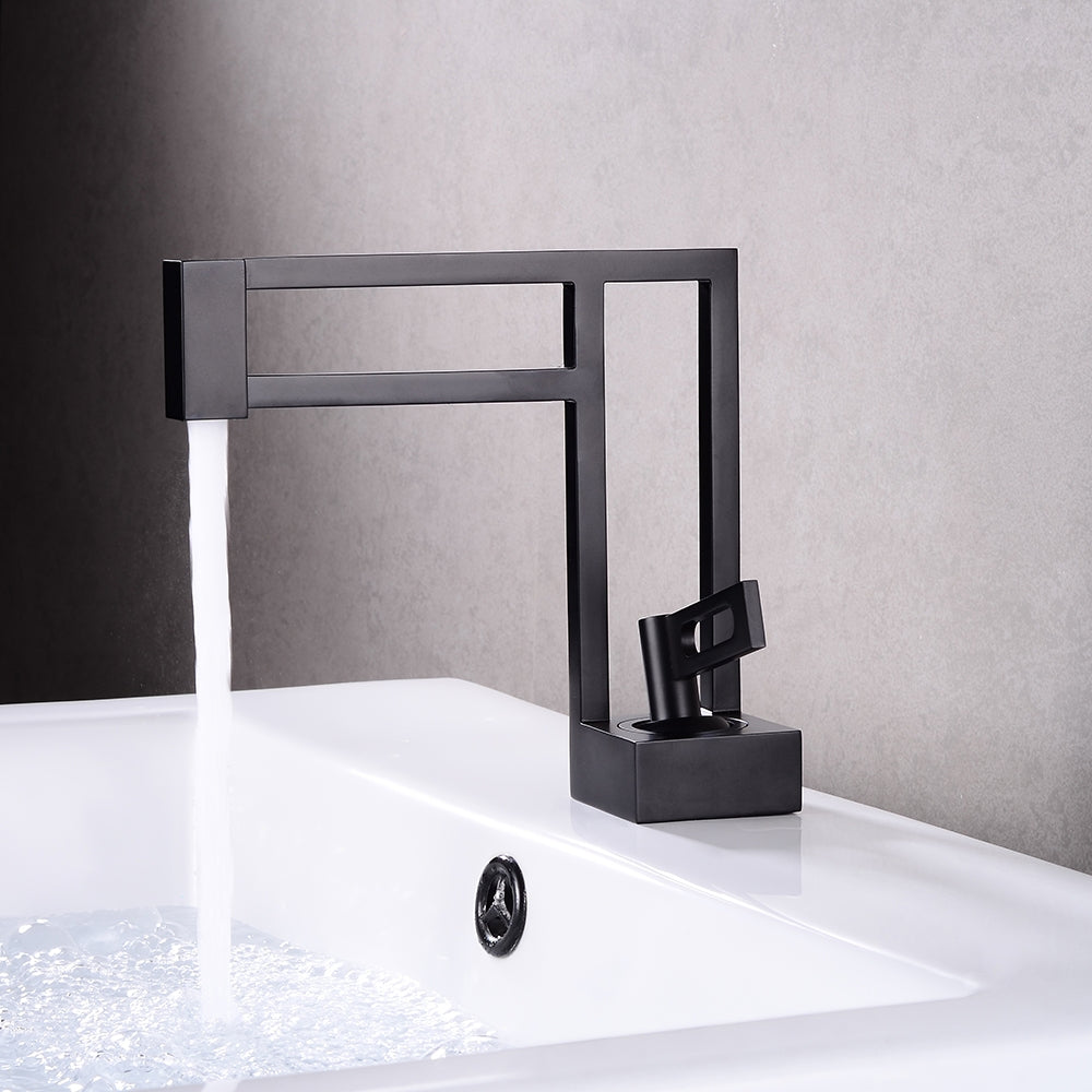 Single-Handle Black Geometric Sink Faucet, Single-Hole Solid Brass, Architectural Design