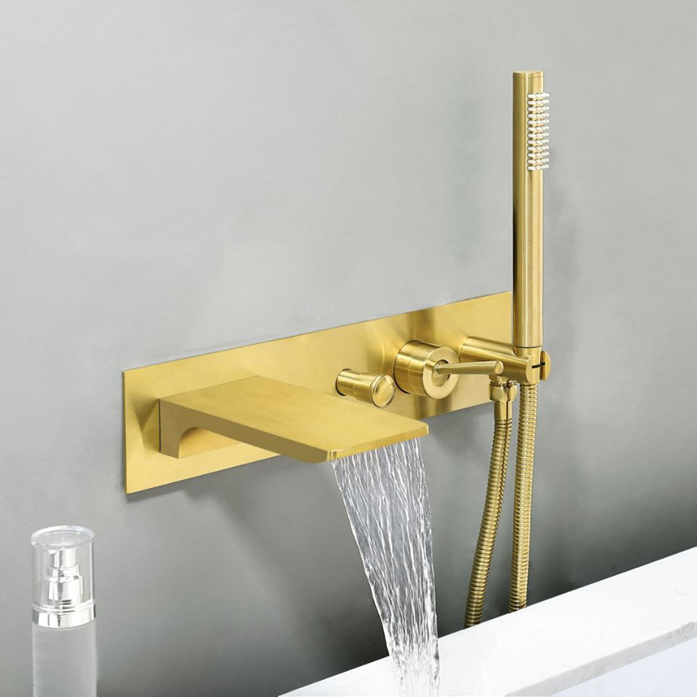 Modern Waterfall Wall-Mounted Tub Filler Faucet with Hand Shower, Brushed Gold