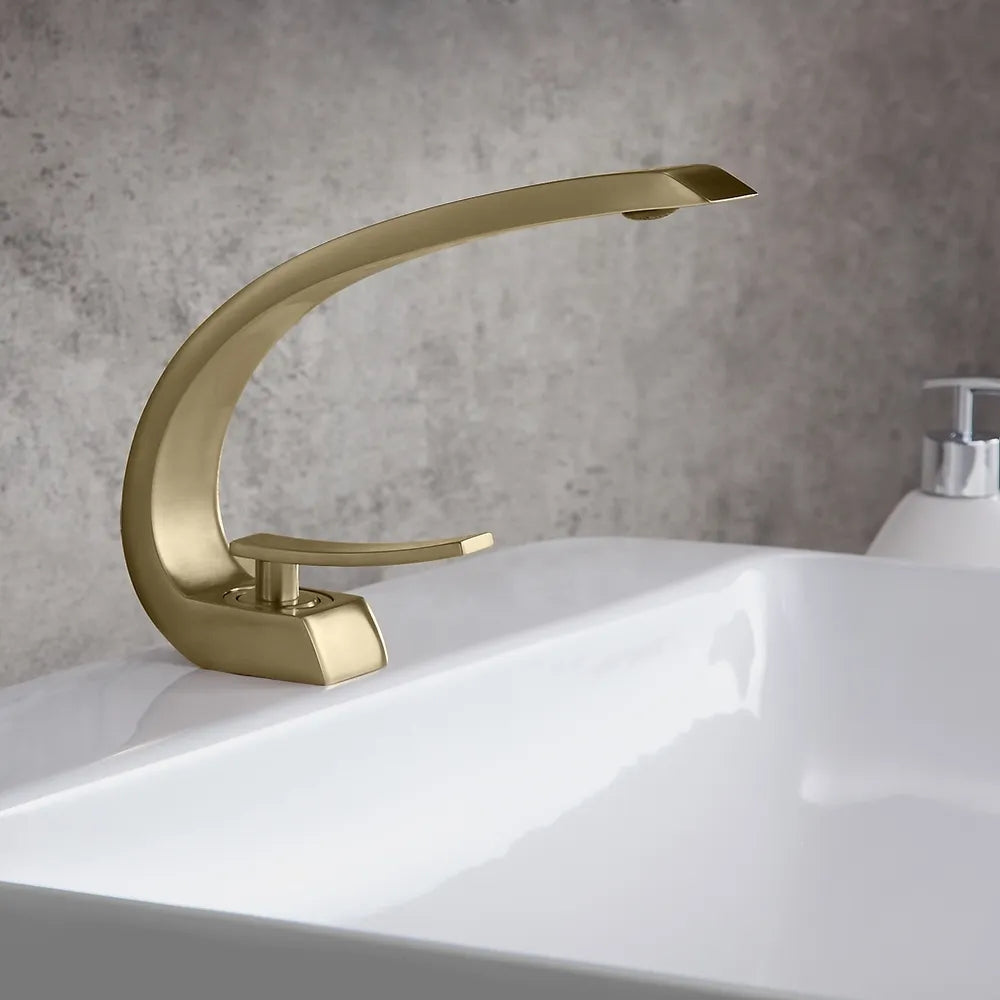 Modern Single-Hole 1-Handle C-Shaped Curved Spout Sink Faucet with Pop-Up Drain, Matte Black