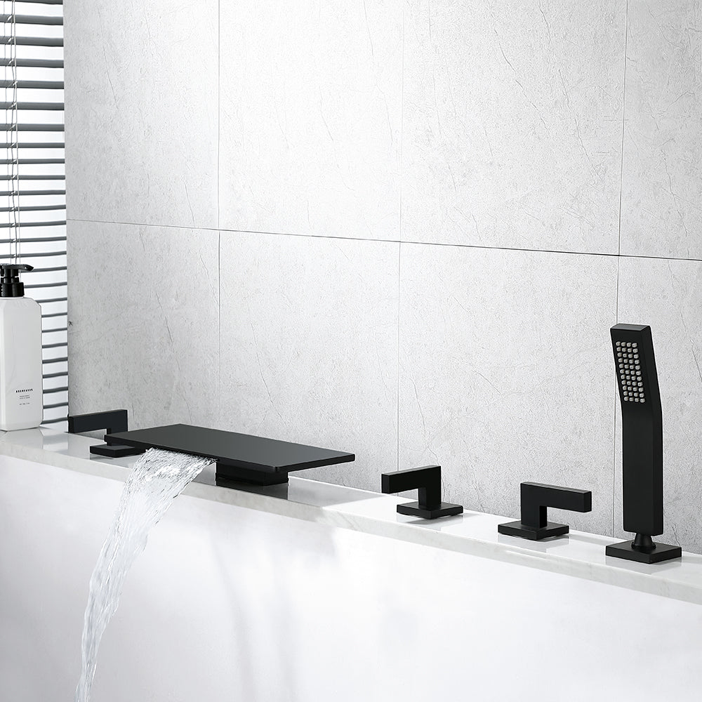 Modern Waterfall Deck-Mounted Bathtub Faucet with Hand Shower, Black Tub Filler