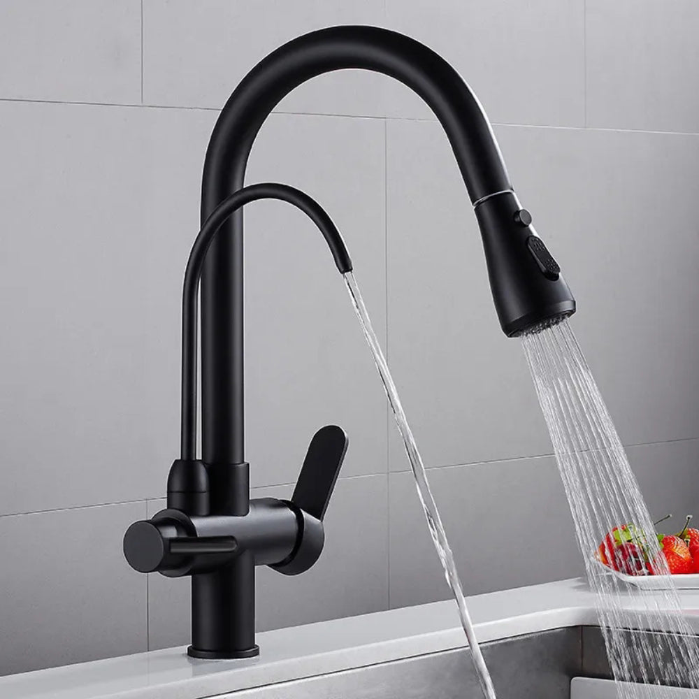 Water Filter Kitchen Faucet, Pull-Out Swirling Faucet in Matte Black, Solid Brass