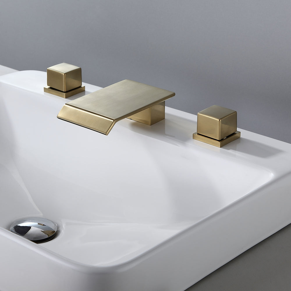 Brushed Nickel Widespread Bathroom Sink Faucet with Square Waterfall Spout and Double Handles