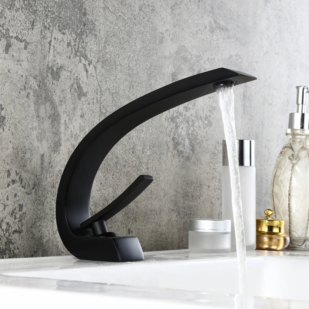 Modern Single-Hole 1-Handle C-Shaped Curved Spout Sink Faucet with Pop-Up Drain, Matte Black