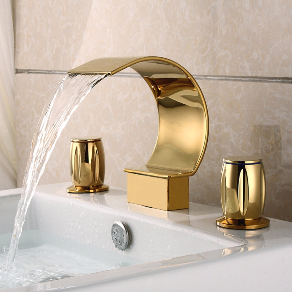 Modern Waterfall Widespread 2-Handle Sink Faucet in Gold Solid Brass