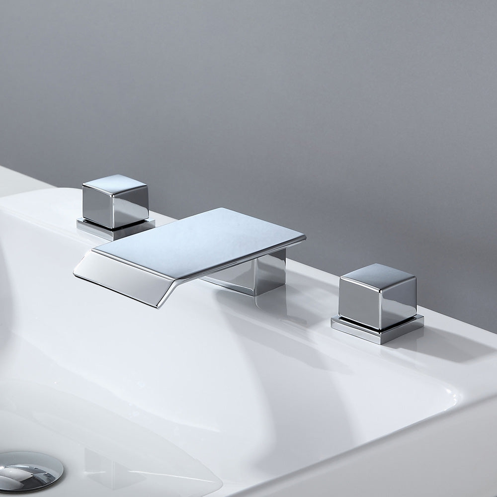 Brushed Nickel Widespread Bathroom Sink Faucet with Square Waterfall Spout and Double Handles