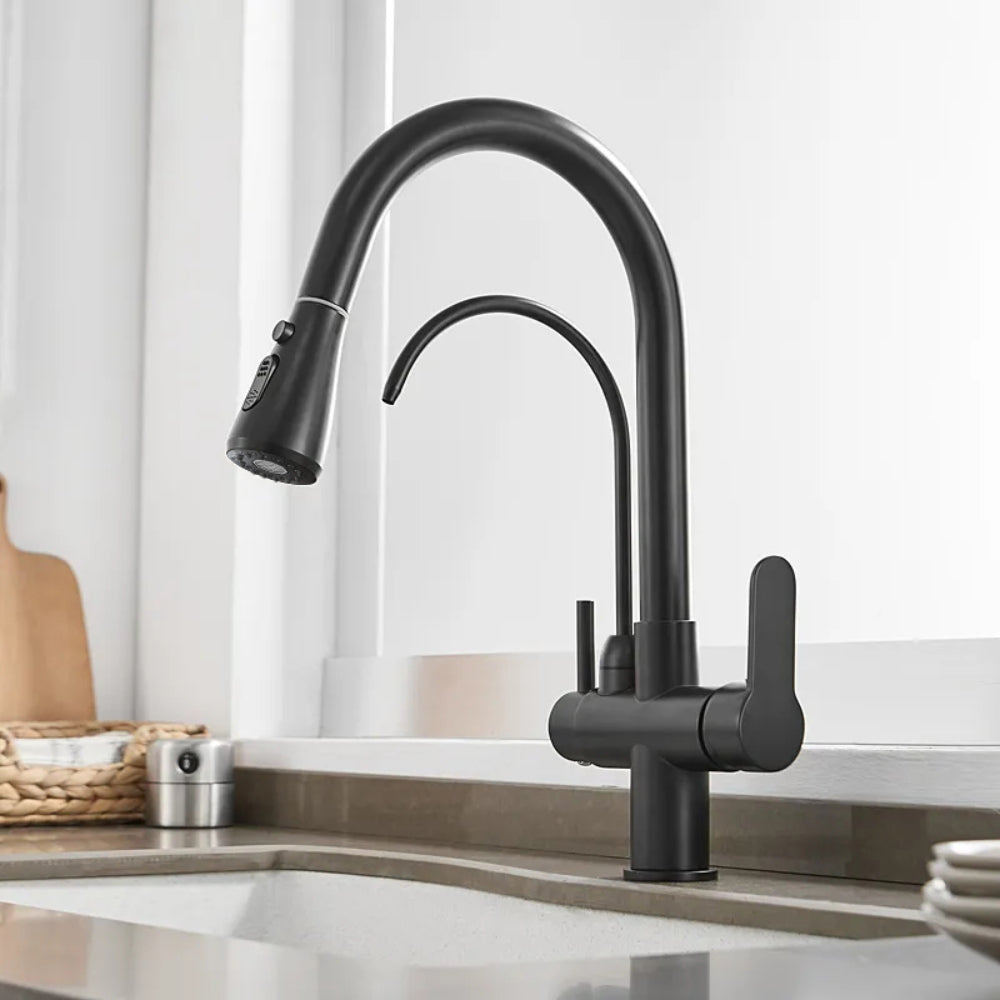 Water Filter Kitchen Faucet, Pull-Out Swirling Faucet in Matte Black, Solid Brass