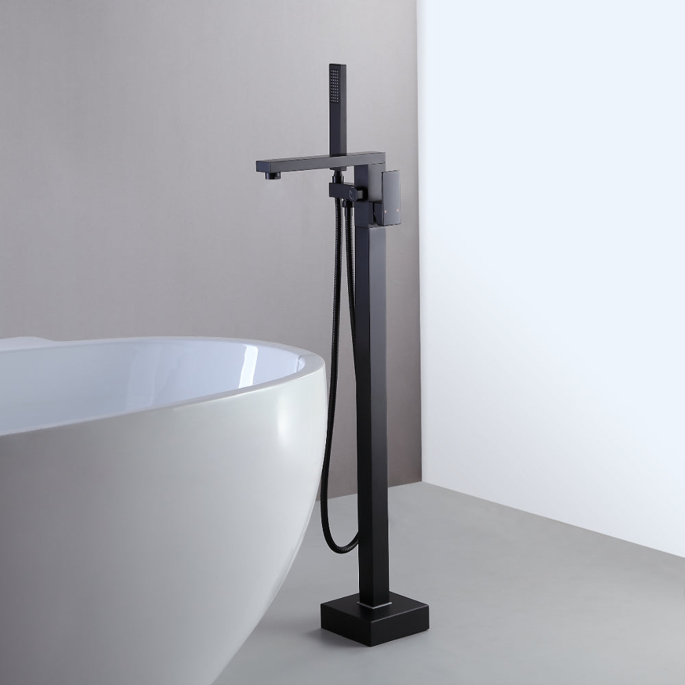 Modern Matte Black 1-Handle Freestanding Bathtub Faucet with Hand Shower, Solid Brass