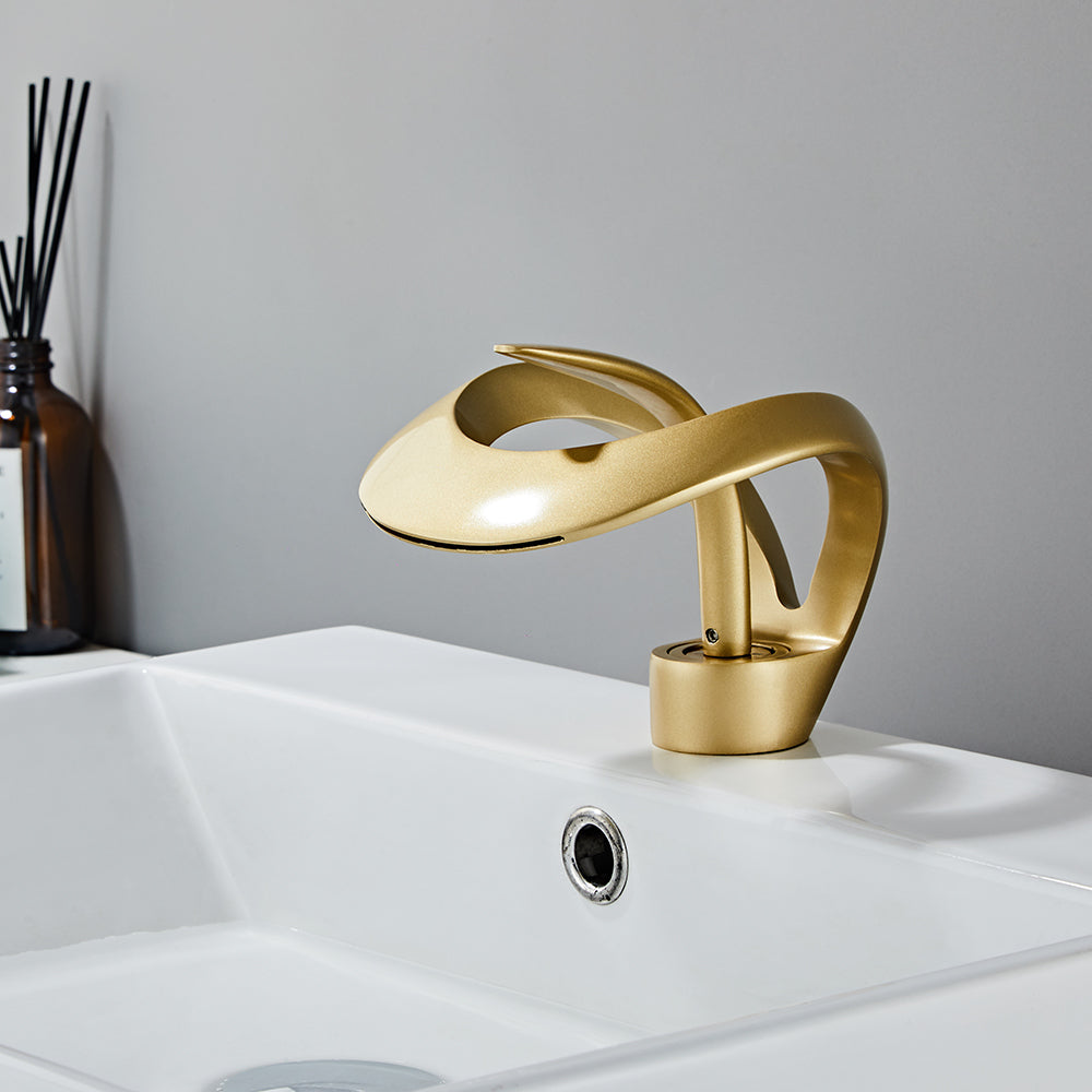 Gold Waterfall Sink Tap for Bathroom, Single Lever, Brass Body