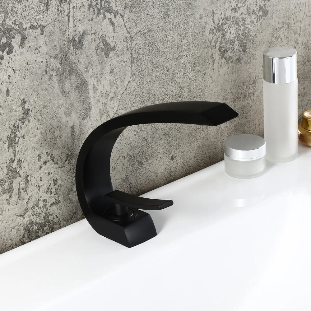 Modern Single-Hole 1-Handle C-Shaped Curved Spout Sink Faucet with Pop-Up Drain, Matte Black