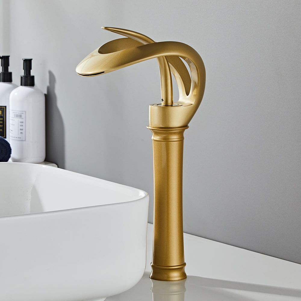 Gold Waterfall Sink Tap for Bathroom, Single Lever, Brass Body
