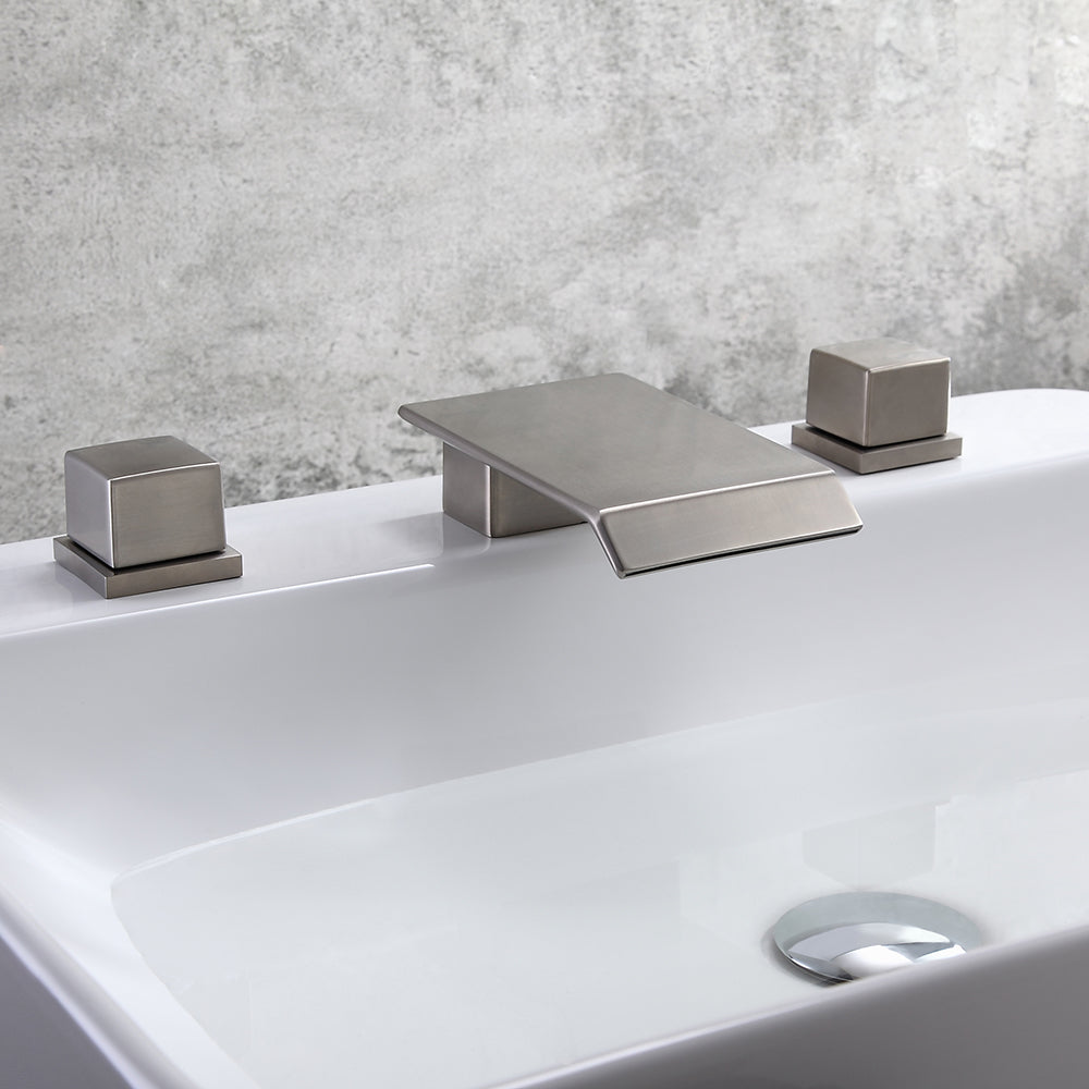 Brushed Nickel Widespread Bathroom Sink Faucet with Square Waterfall Spout and Double Handles