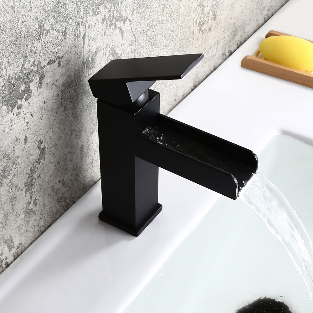 Stylish Black Finish Waterfall 1-Hole Single-Handle Sink Faucet, Made of Solid Brass