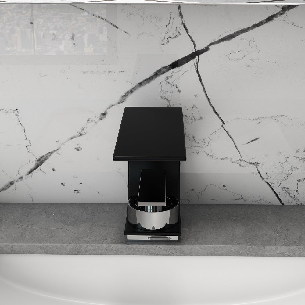 Black & Chrome Single-Handle Waterfall Arc Sink Faucet, Solid Brass