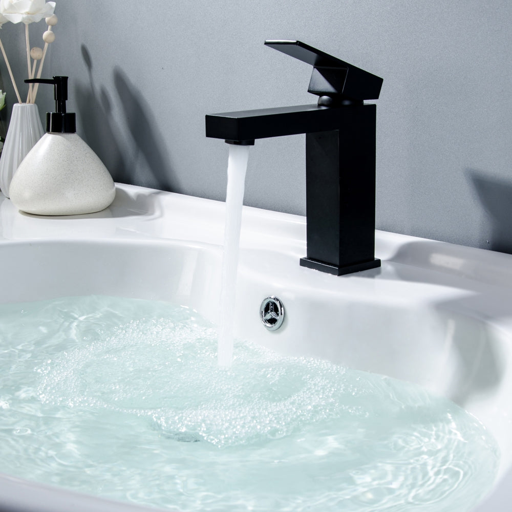 Modern Single-Handle 1-Hole Deck-Mount Square Sink Faucet, Matte Black