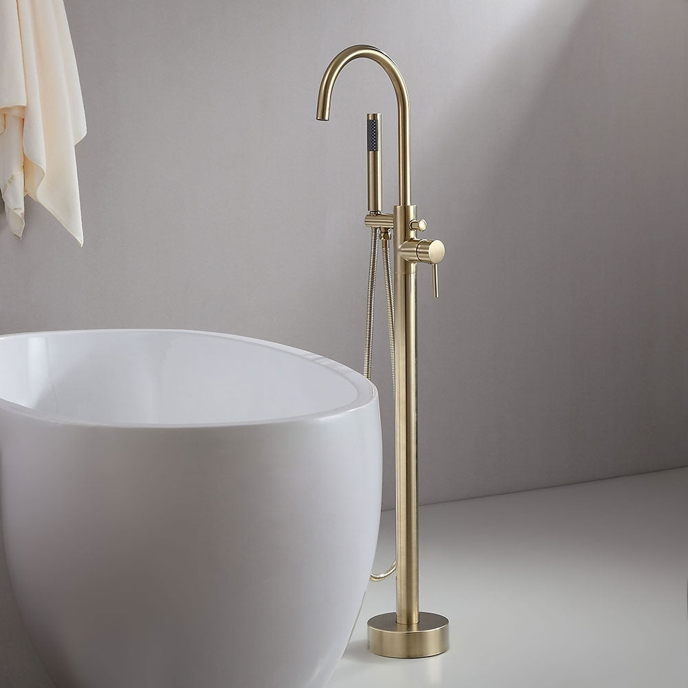 Freestanding Single-Handle Tub Filler Faucet with Hand Shower, Brass Brushed Gold