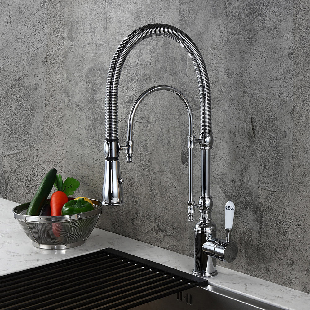 Solid Brass Kitchen Faucet with High Arc, Dual-Mode Pull-Down and Porcelain Handle