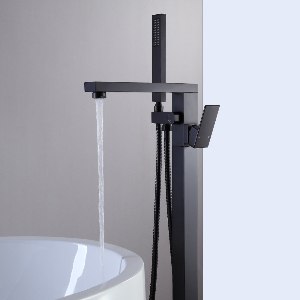 Modern Matte Black 1-Handle Freestanding Bathtub Faucet with Hand Shower, Solid Brass