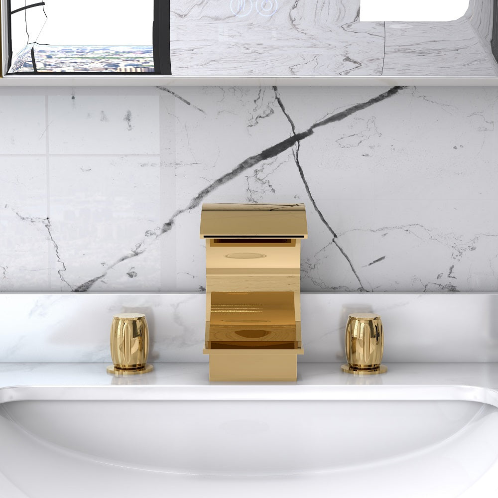 Modern Waterfall Widespread 2-Handle Sink Faucet in Gold Solid Brass