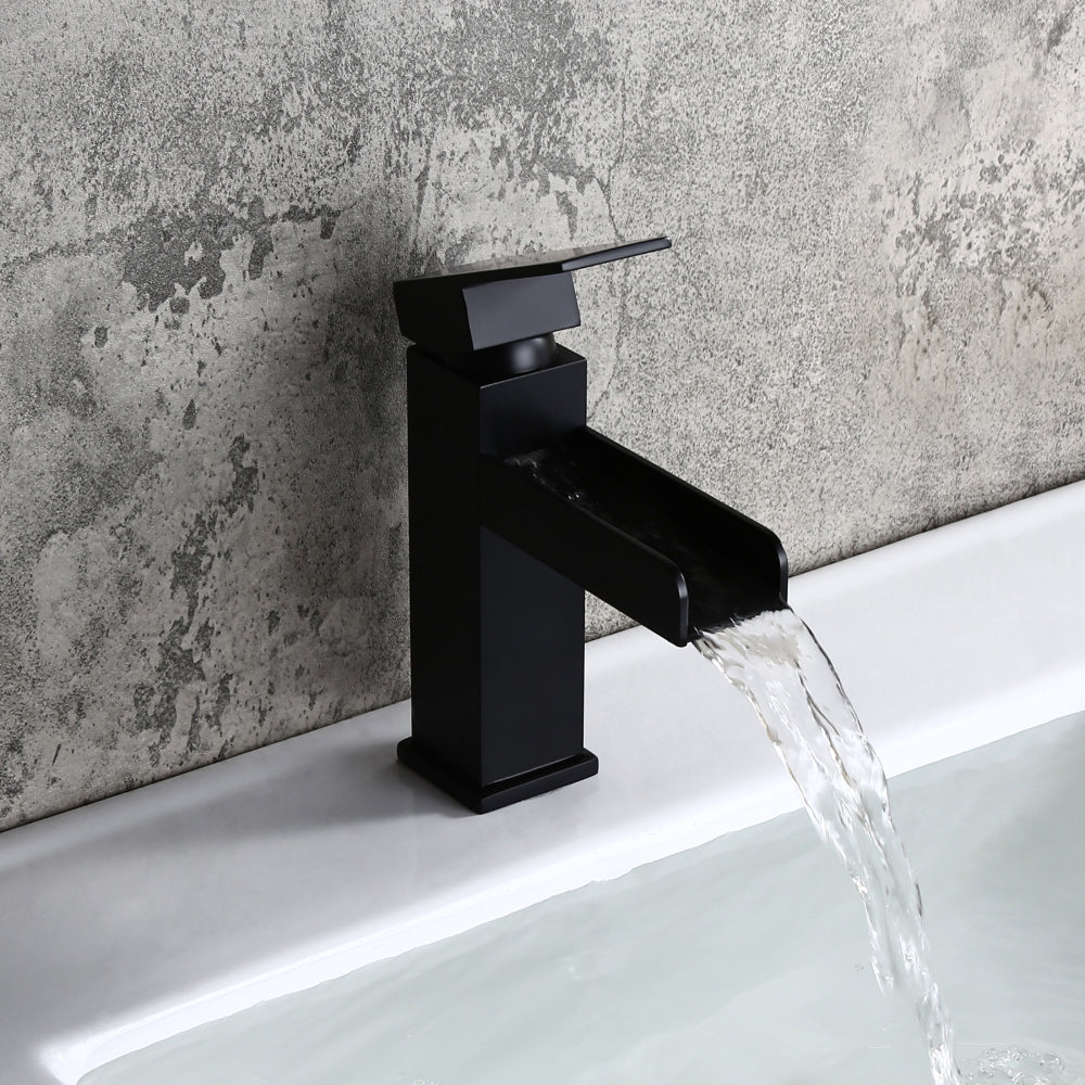 Stylish Black Finish Waterfall 1-Hole Single-Handle Sink Faucet, Made of Solid Brass