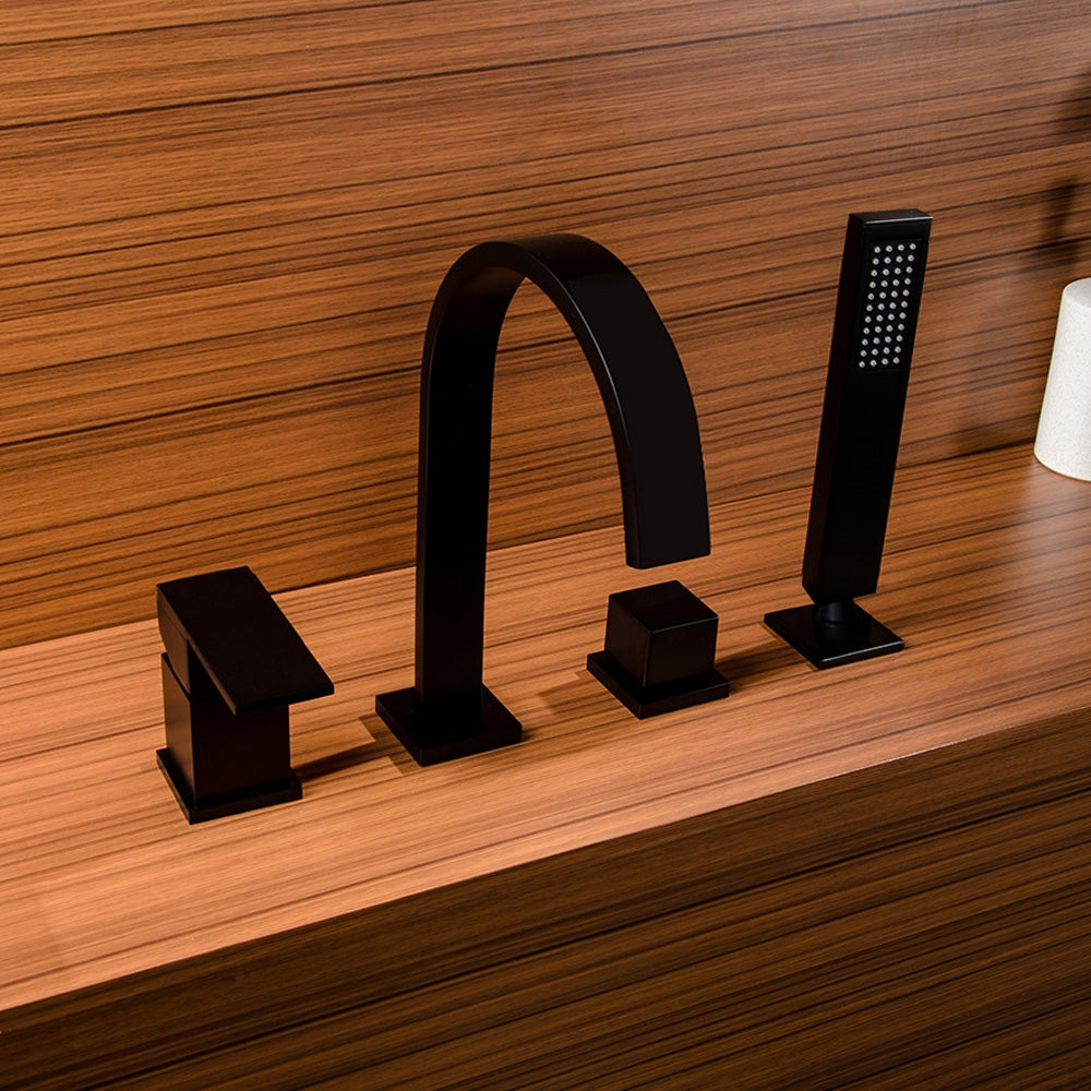 Modern 4-Hole Roman Tub Faucet with Double Handles & Hand Shower, Solid Brass