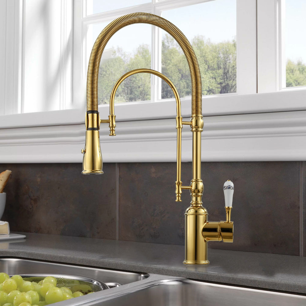 Solid Brass Kitchen Faucet with High Arc, Dual-Mode Pull-Down and Porcelain Handle