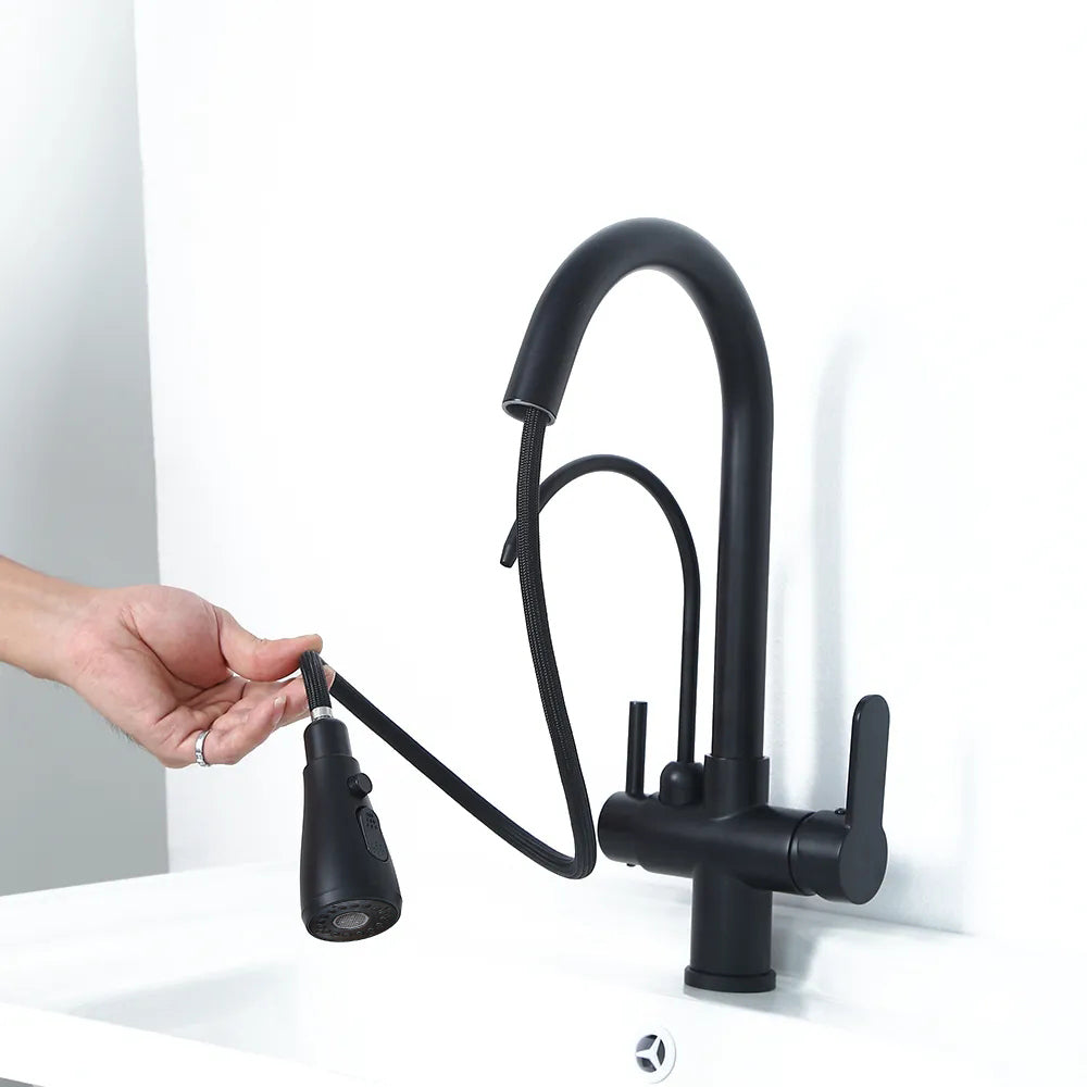 Water Filter Kitchen Faucet, Pull-Out Swirling Faucet in Matte Black, Solid Brass