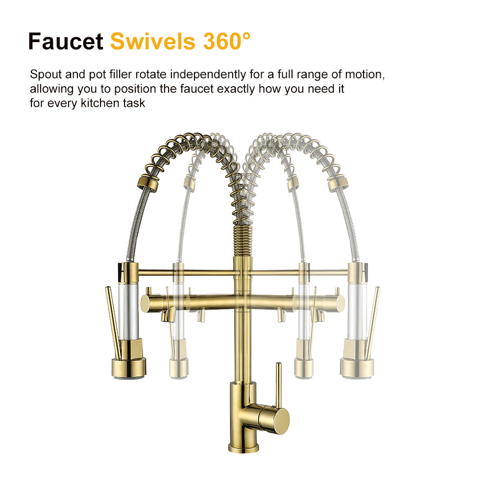 Single Hole Kitchen Faucet with Pull-Out Sprayer and Dual Spouts, Brass