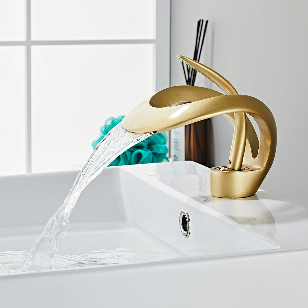 Gold Waterfall Sink Tap for Bathroom, Single Lever, Brass Body