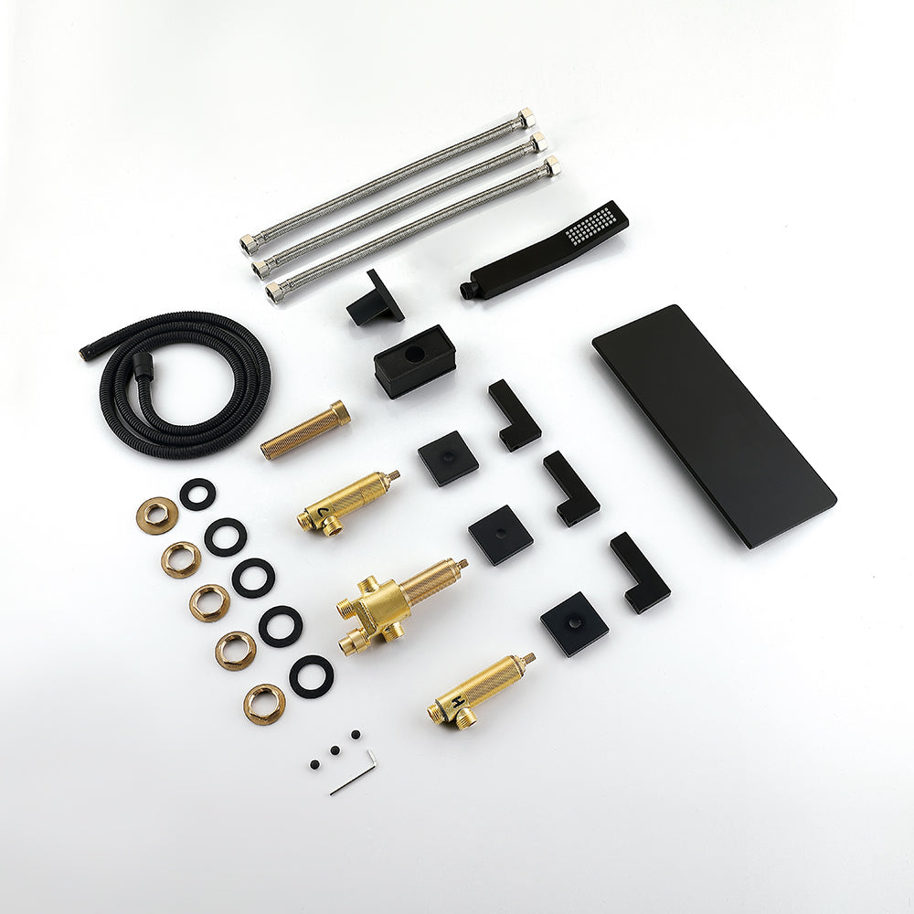 Modern Waterfall Deck-Mounted Bathtub Faucet with Hand Shower, Black Tub Filler