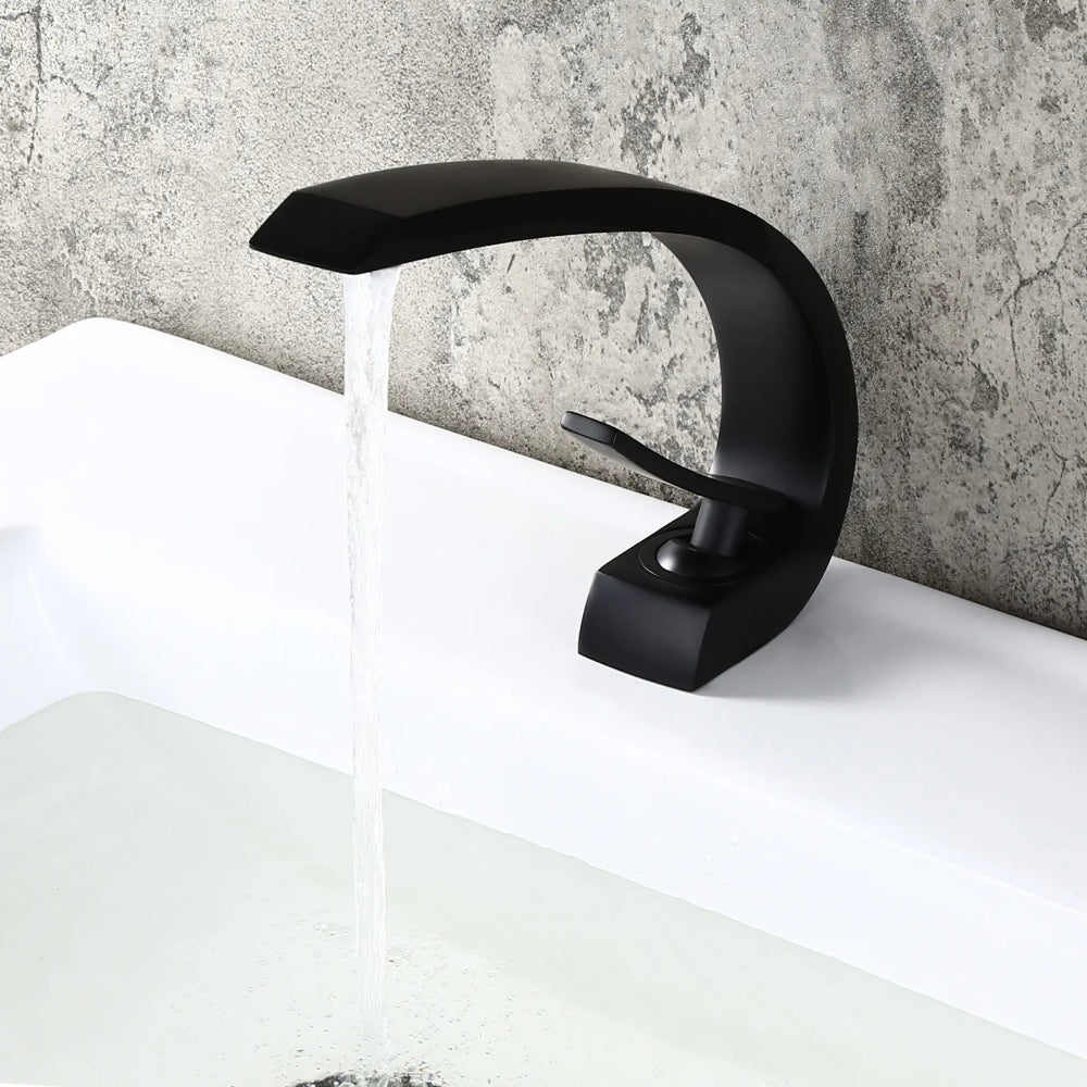 Modern Single-Hole 1-Handle C-Shaped Curved Spout Sink Faucet with Pop-Up Drain, Matte Black