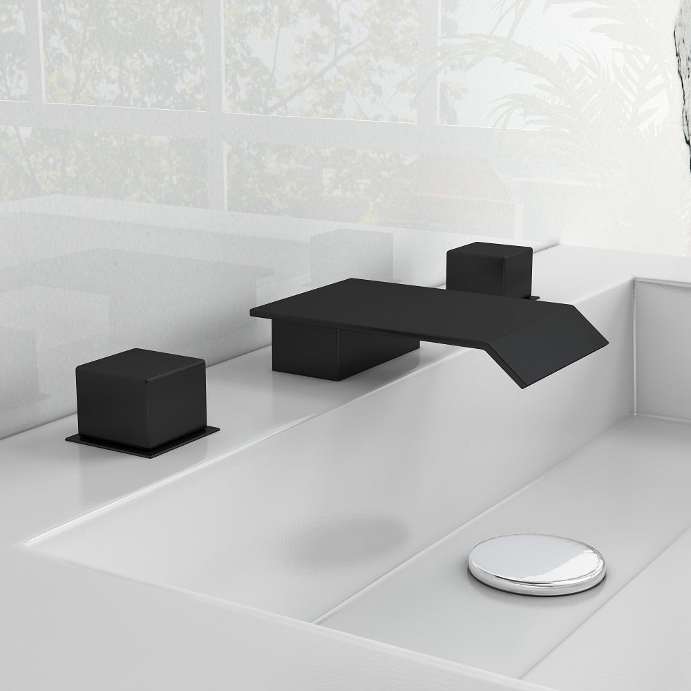 Brushed Nickel Widespread Bathroom Sink Faucet with Square Waterfall Spout and Double Handles