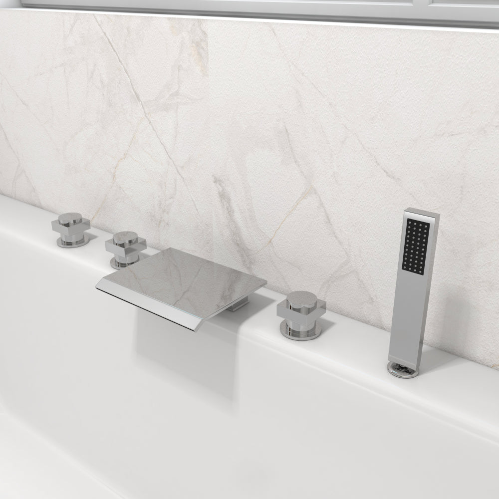 Contemporary Waterfall Deck-Mount Roman Tub Faucet with Hand Shower, Chrome