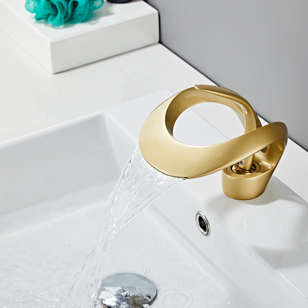 Gold Waterfall Sink Tap for Bathroom, Single Lever, Brass Body