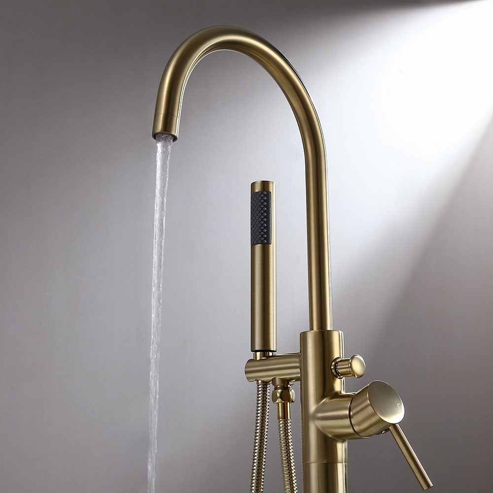 Freestanding Single-Handle Tub Filler Faucet with Hand Shower, Brass Brushed Gold