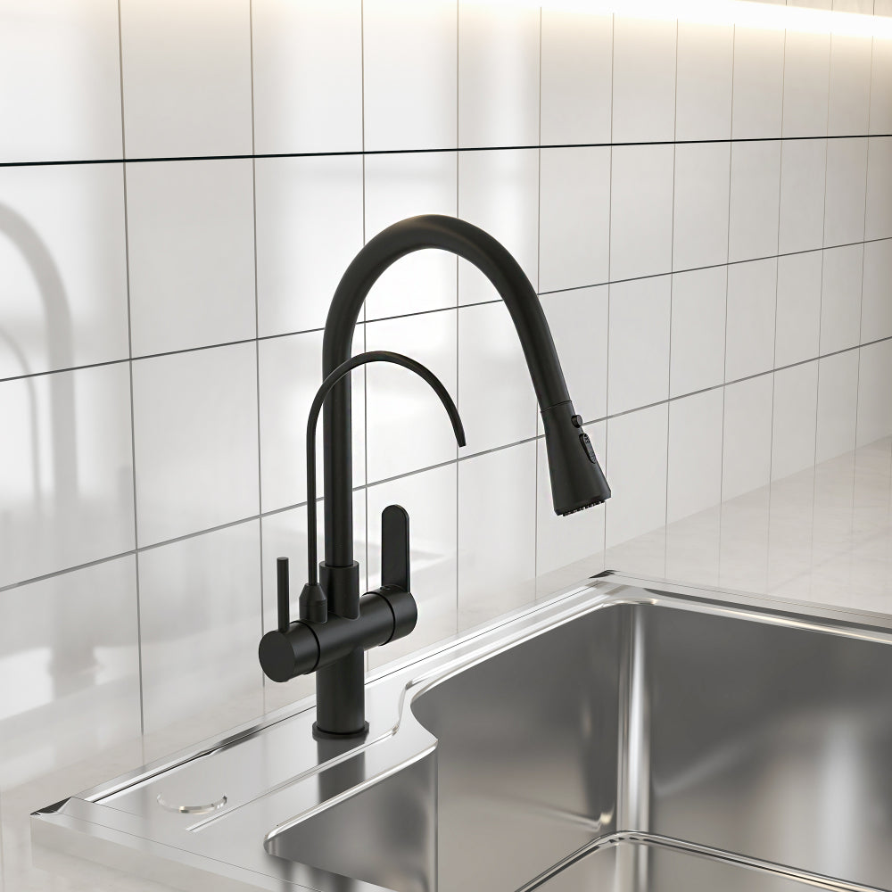 Water Filter Kitchen Faucet, Pull-Out Swirling Faucet in Matte Black, Solid Brass