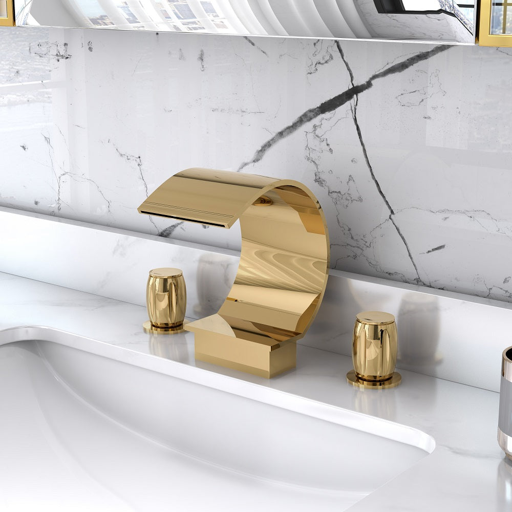 Modern Waterfall Widespread 2-Handle Sink Faucet in Gold Solid Brass