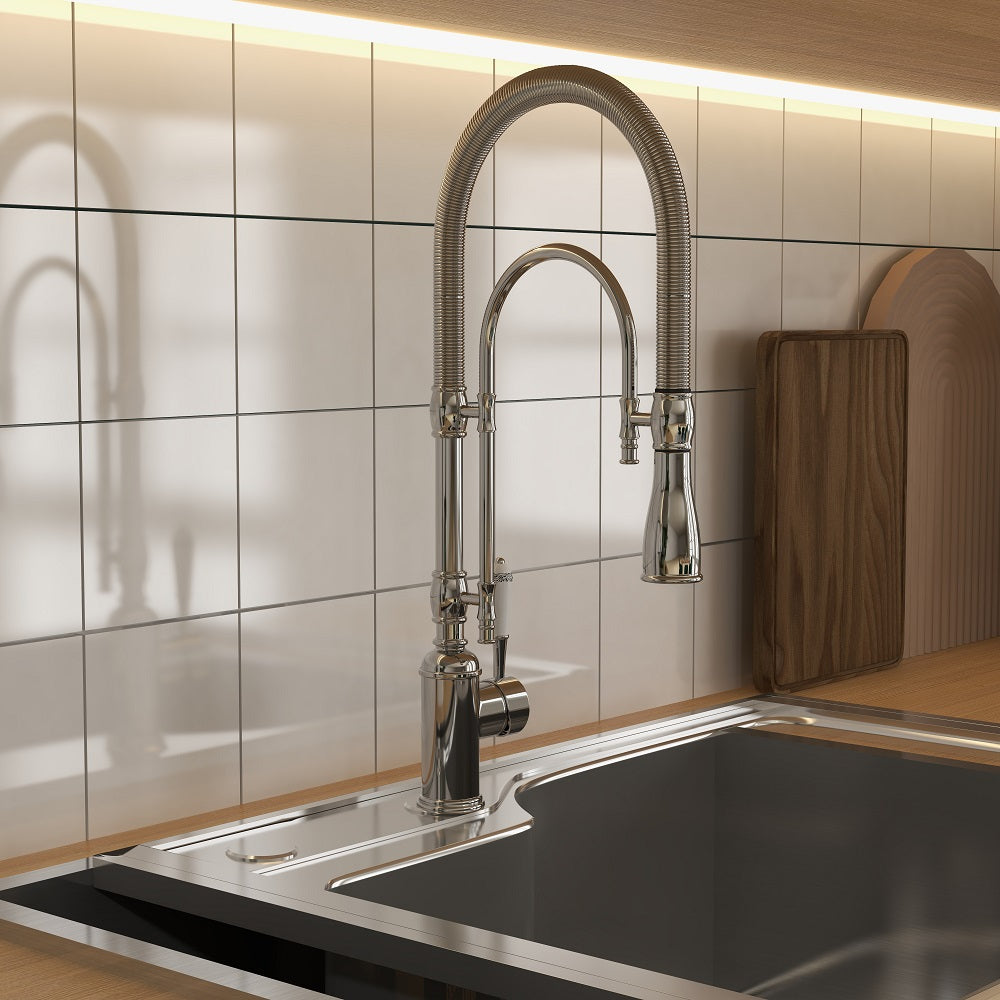 Solid Brass Kitchen Faucet with High Arc, Dual-Mode Pull-Down and Porcelain Handle