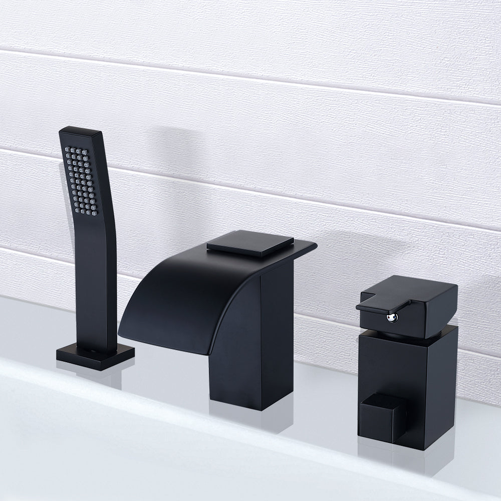 Modern Deck-Mounted Black Waterfall Roman Tub Faucet with Hand Shower