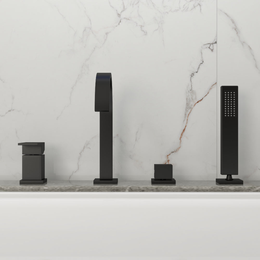 Modern 4-Hole Roman Tub Faucet with Double Handles & Hand Shower, Solid Brass