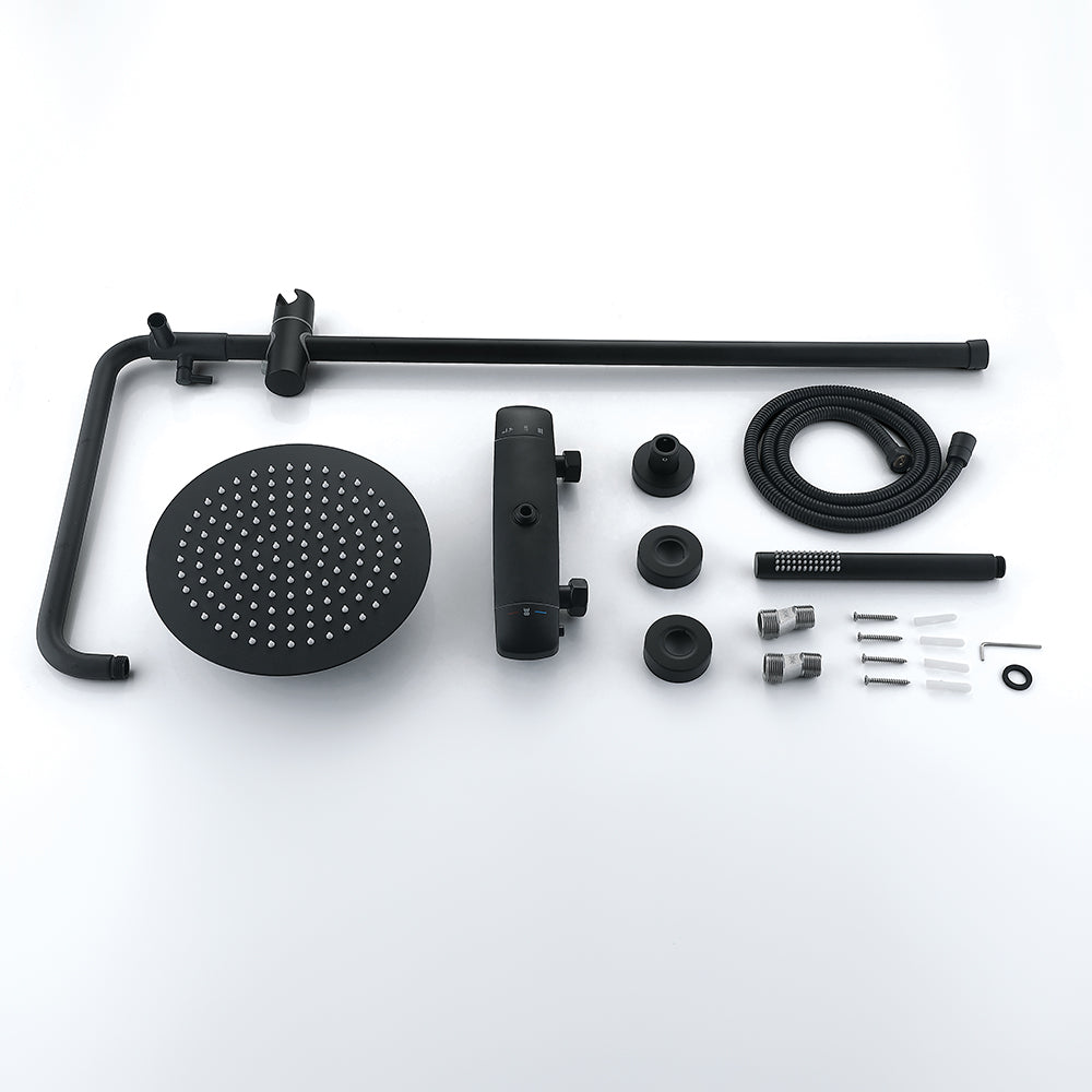 10" Modern Luxury Exposed Shower Fixture Thermostatic Rainfall Shower Head Black