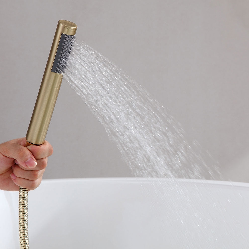 Freestanding Single-Handle Tub Filler Faucet with Hand Shower, Brass Brushed Gold