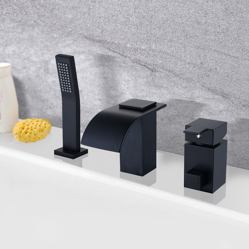 Modern Deck-Mounted Black Waterfall Roman Tub Faucet with Hand Shower